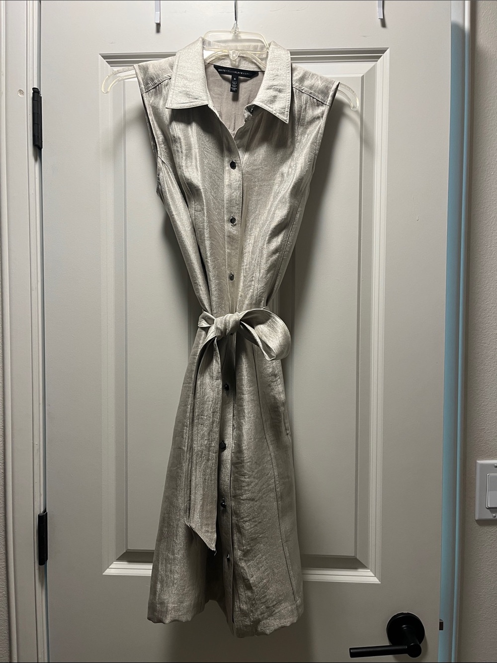 White House Black Market Shimmering Silver-Tone Sleeveless Tie-Waist Midi Dress